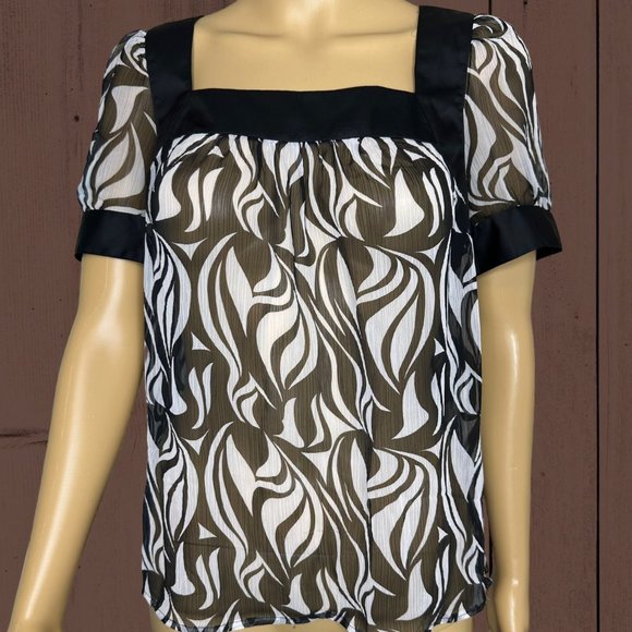 Loft Transparent Blouse Size 8 Black White Zebra Square Neck Short Sleeves - Picture 1 of 11